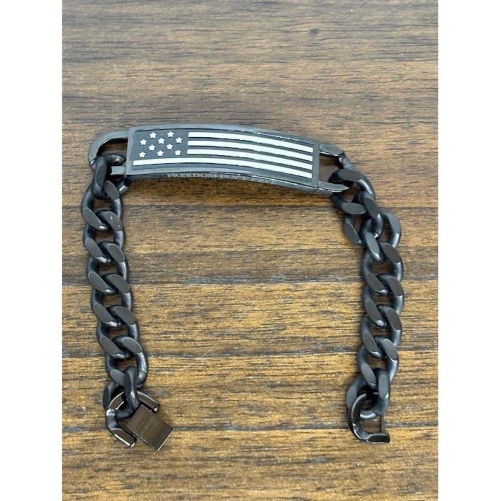 Mens Black Stainless Steel American Flag Freedom Isnt Free Curb Chain Bracelet